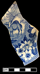 Pearlware small plate printed underglaze in medium blue in Dromedary.  Although this vessel is not marked, another vessel from this feature in the same pattern showed the mark of John and Richard Riley (1802 – 1828), Burslem. 7.00” rim diameter.